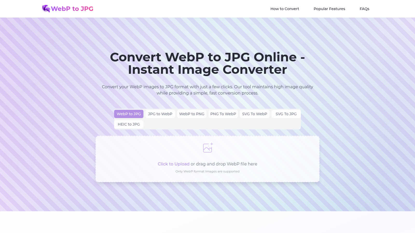 Fast & Free WebP to JPG Converter application interface and features