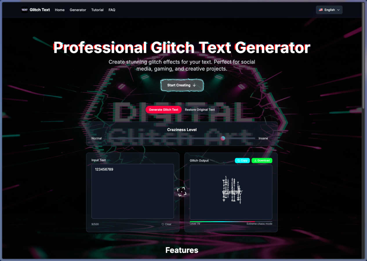 Glitch Text application interface and features