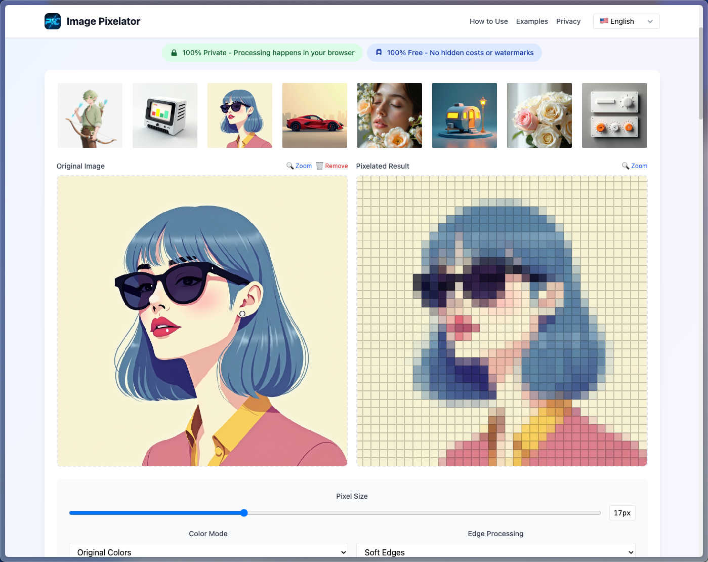 Image Pixelator Pics application interface and features