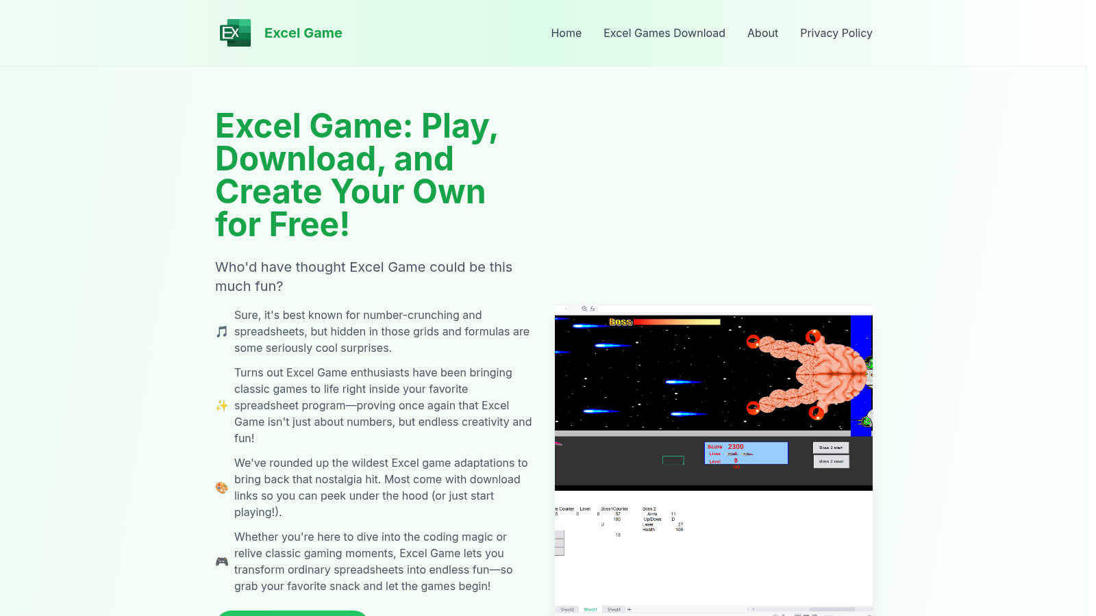 Excel Game application interface and features