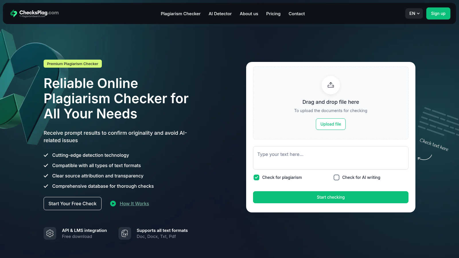 ChecksPlag.com application interface and features