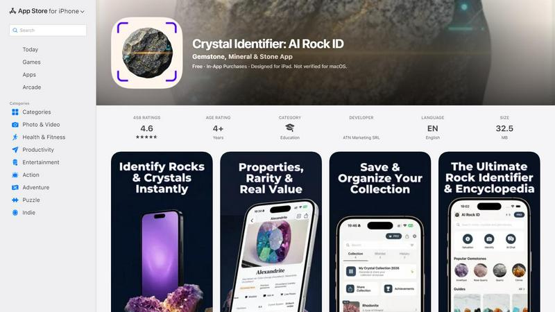 Crystal and Rock Identifier App application interface and features