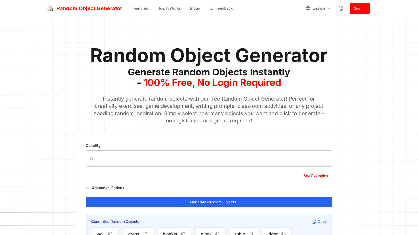 Random Object Generator application interface and features