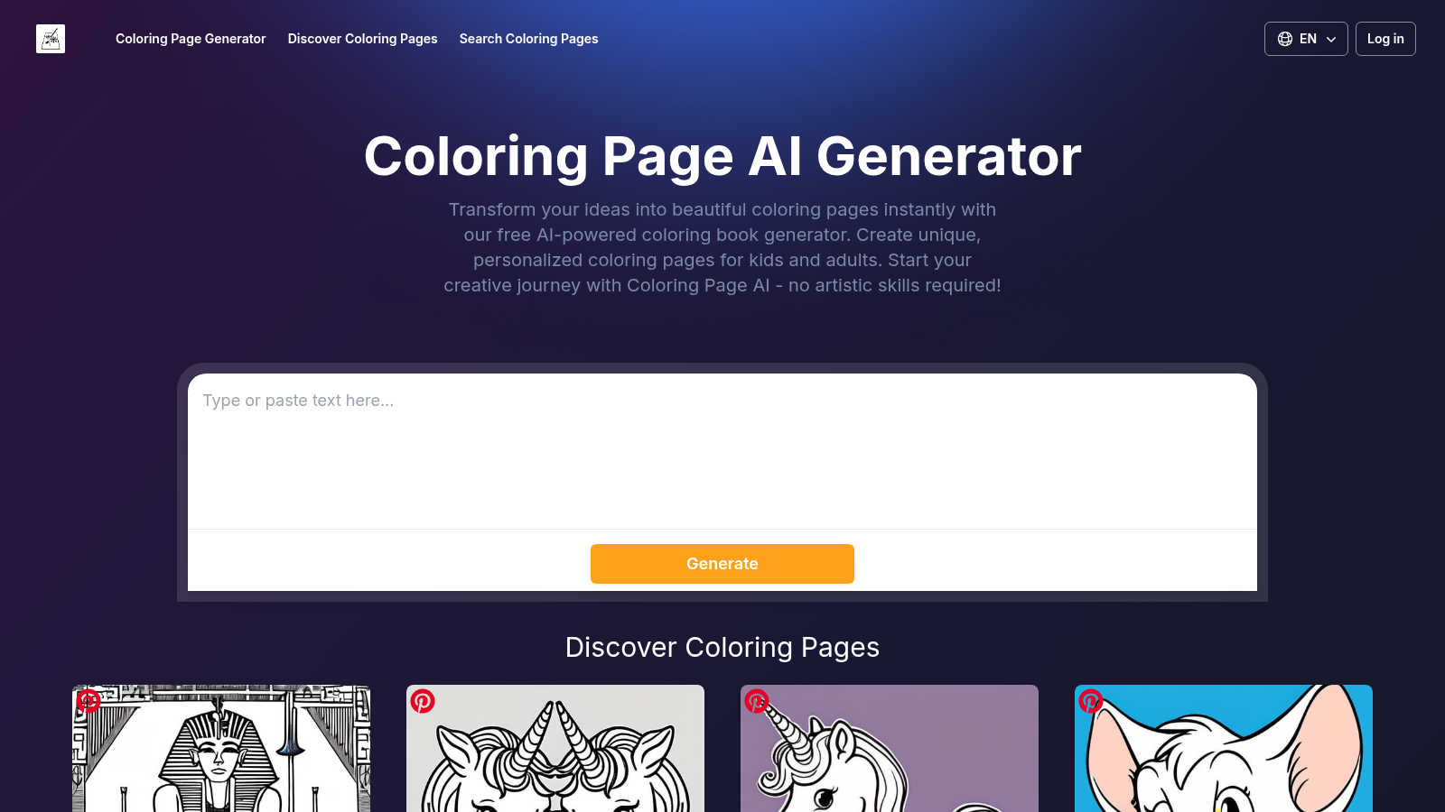 Coloring Page AI application interface and features